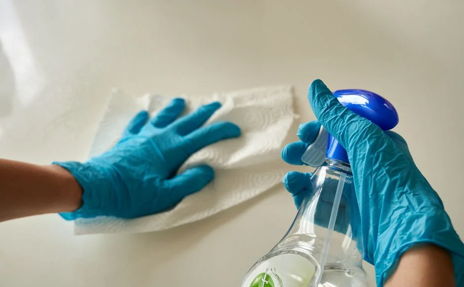 why-choose-us A woman wearing protective gear sanitizes an indoor area using fogging equipment.